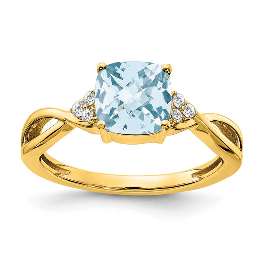 Solid 14k Yellow Gold ChecKerboard Simulated Aquamarine and CZ Ring