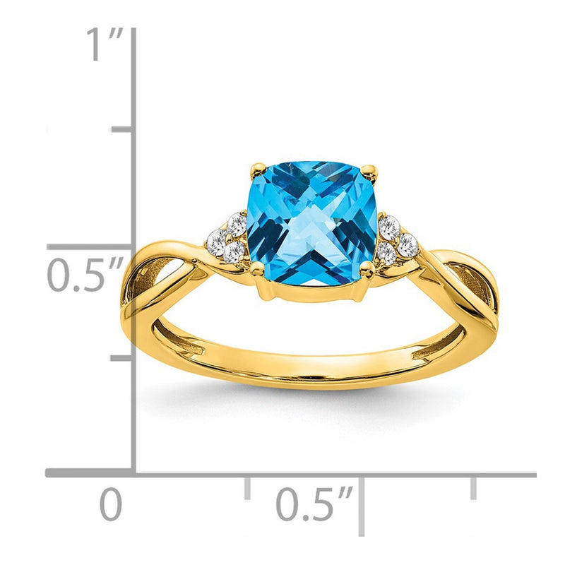 14K Yellow Gold Checkerboard Blue Topaz and Real Diamond Ring