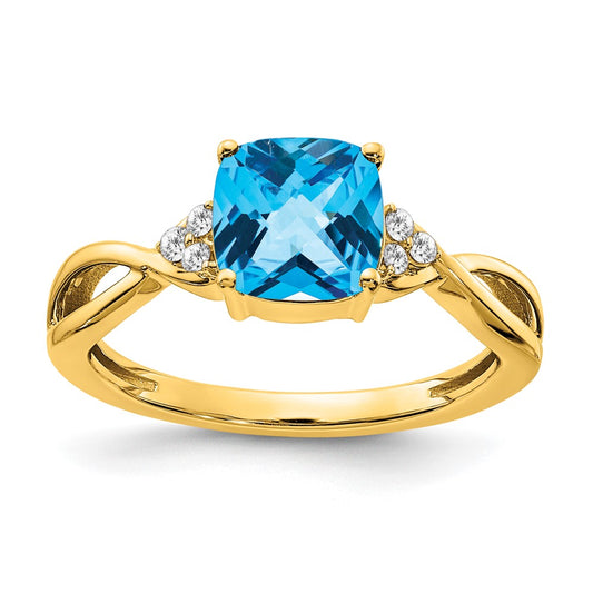 Solid 14k Yellow Gold ChecKerboard Simulated Blue Topaz and CZ Ring
