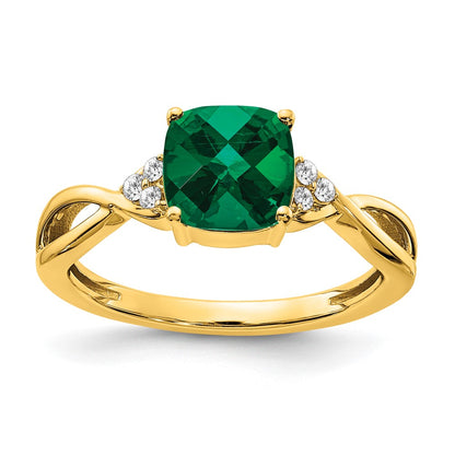 14K Yellow Gold Checkerboard Created Emerald and Real Diamond Ring