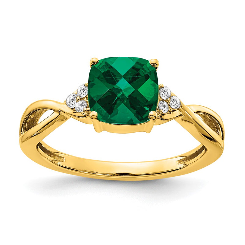 14K Yellow Gold Checkerboard Created Emerald and Real Diamond Ring
