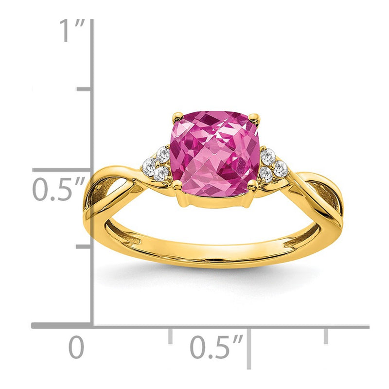 14K Yellow Gold Checkerboard Created Pink Sapphire and Real Diamond Ring