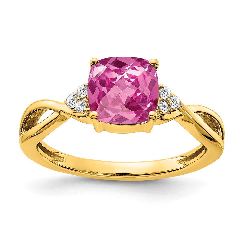 14K Yellow Gold Checkerboard Created Pink Sapphire and Real Diamond Ring