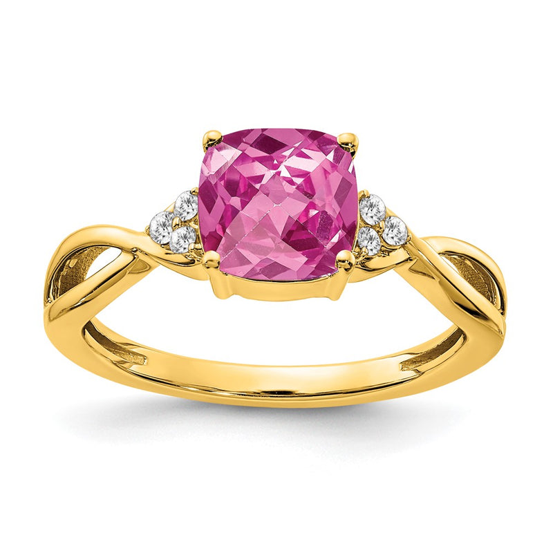 14K Yellow Gold Checkerboard Created Pink Sapphire and Real Diamond Ring