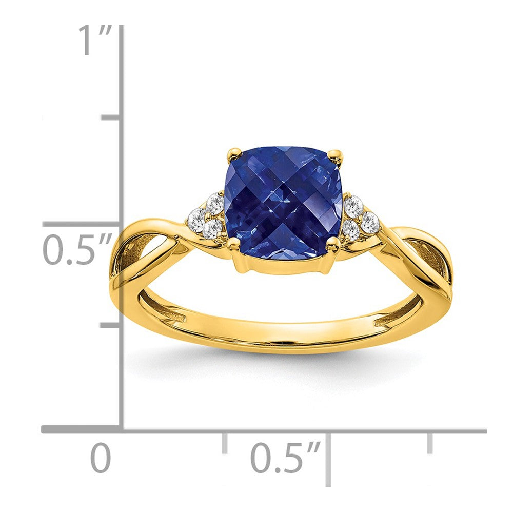 14K Yellow Gold Checkerboard Created Sapphire and Real Diamond Ring