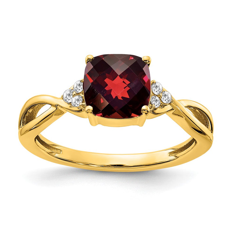 14K Yellow Gold Checkerboard Garnet and Real Diamond Ring