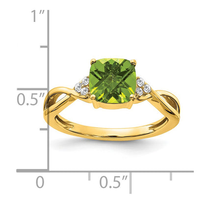 14K Yellow Gold Checkerboard Peridot and Real Diamond Ring