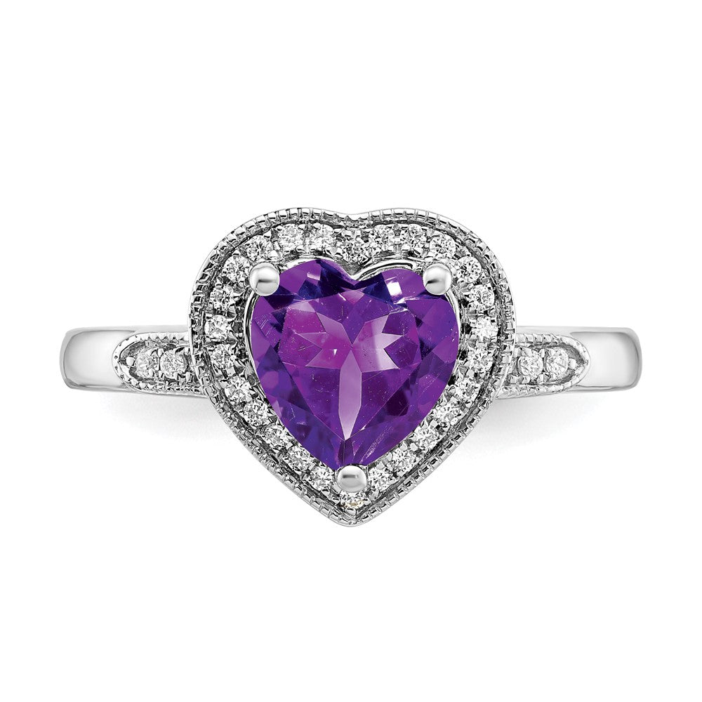 Solid 14k White Gold Heart Simulated Amethyst and CZ Halo Ring