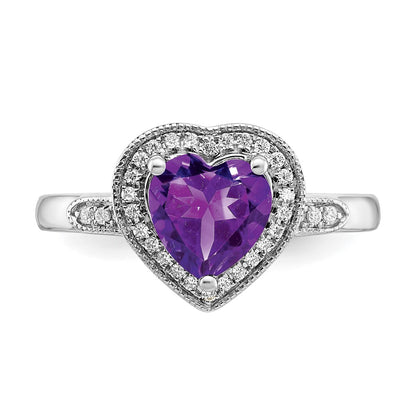 Solid 14k White Gold Heart Simulated Amethyst and CZ Halo Ring