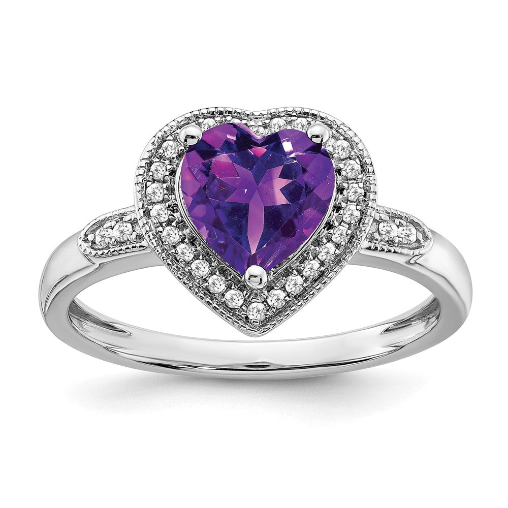 Solid 14k White Gold Heart Simulated Amethyst and CZ Halo Ring