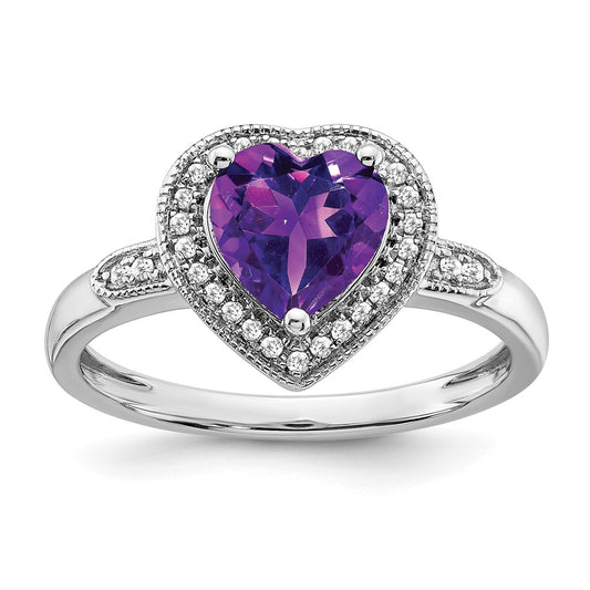 Solid 14k White Gold Heart Simulated Amethyst and CZ Halo Ring