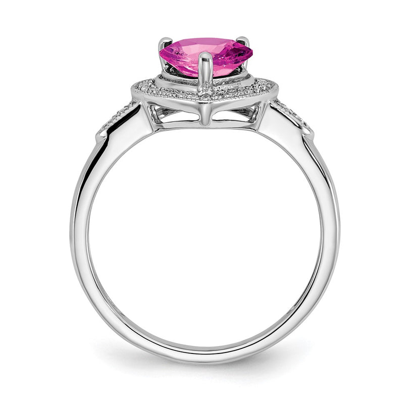 14k White Gold Heart Created Pink Sapphire and Real Diamond Halo Ring
