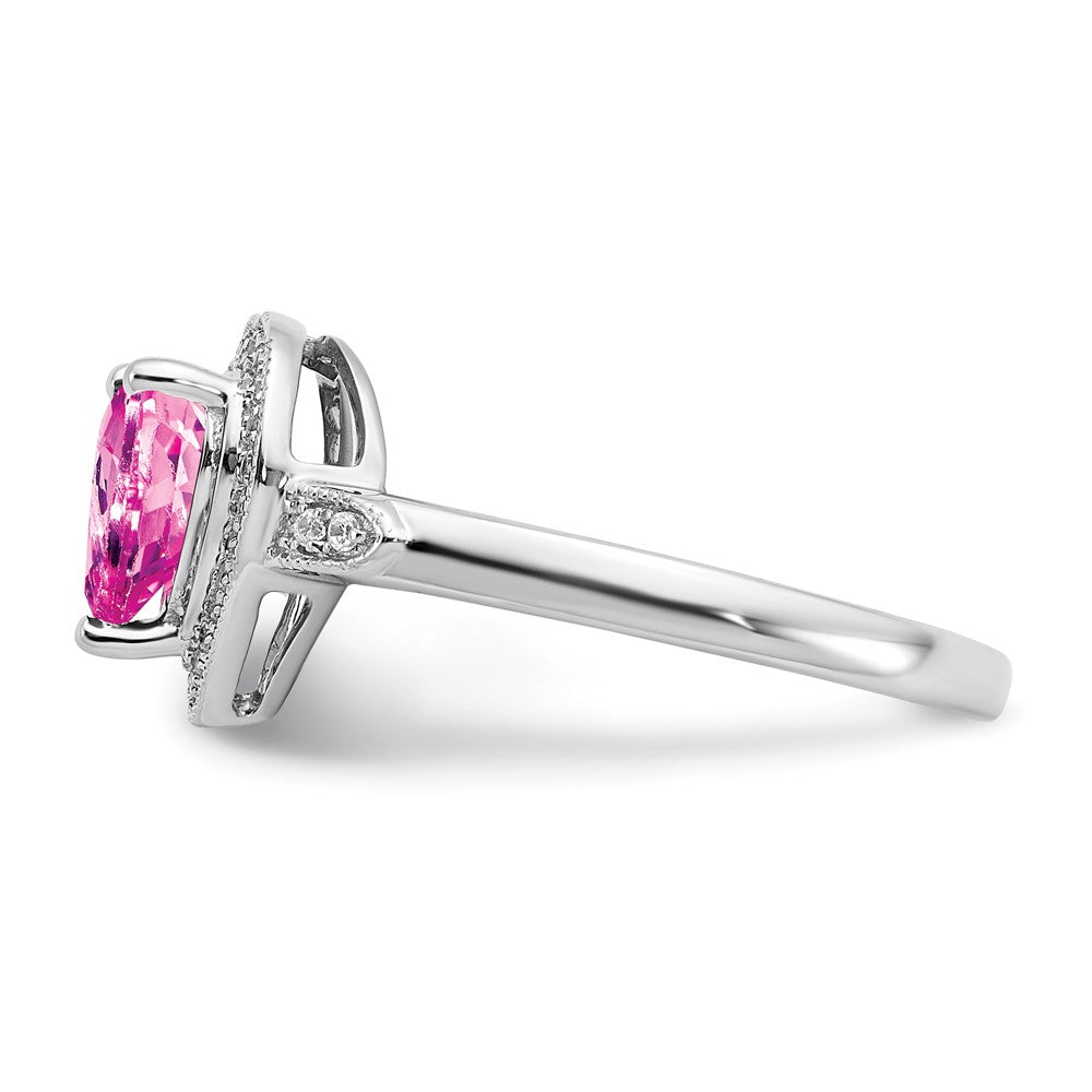 14k White Gold Heart Created Pink Sapphire and Real Diamond Halo Ring