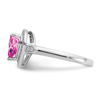 14k White Gold Heart Created Pink Sapphire and Real Diamond Halo Ring