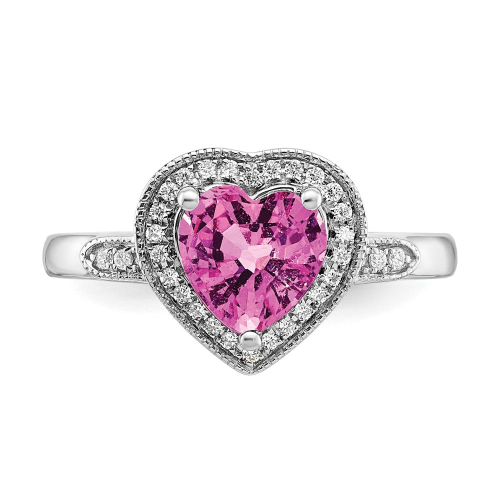 14k White Gold Heart Created Pink Sapphire and Real Diamond Halo Ring