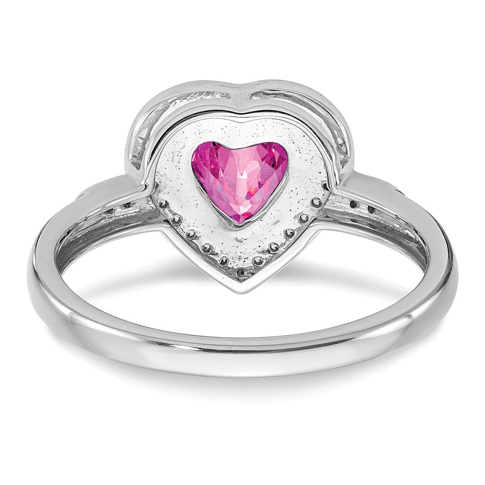 14k White Gold Heart Created Pink Sapphire and Real Diamond Halo Ring