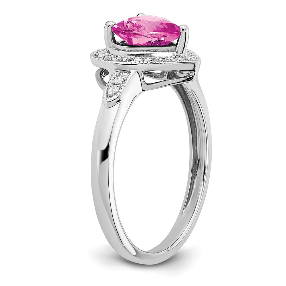 14k White Gold Heart Created Pink Sapphire and Real Diamond Halo Ring
