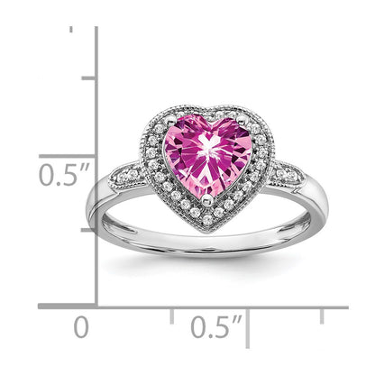 14k White Gold Heart Created Pink Sapphire and Real Diamond Halo Ring