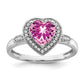 Solid 14k White Gold Heart Created PinK Simulated Sapphire and CZ Halo Ring