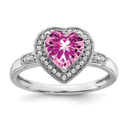 14k White Gold Heart Created Pink Sapphire and Real Diamond Halo Ring