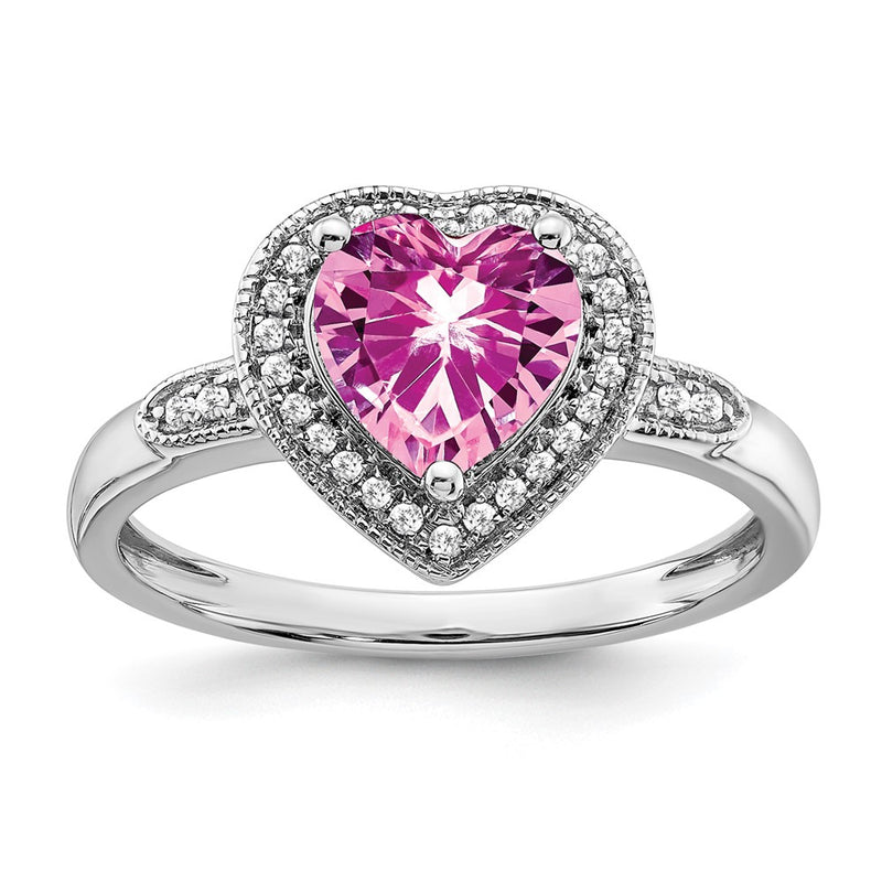 14k White Gold Heart Created Pink Sapphire and Real Diamond Halo Ring
