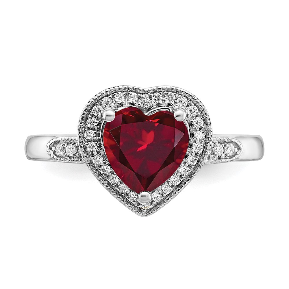 14k White Gold Heart Created Ruby and Real Diamond Halo Ring