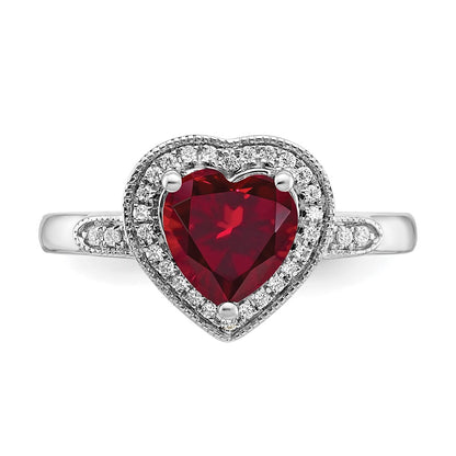 14k White Gold Heart Created Ruby and Real Diamond Halo Ring