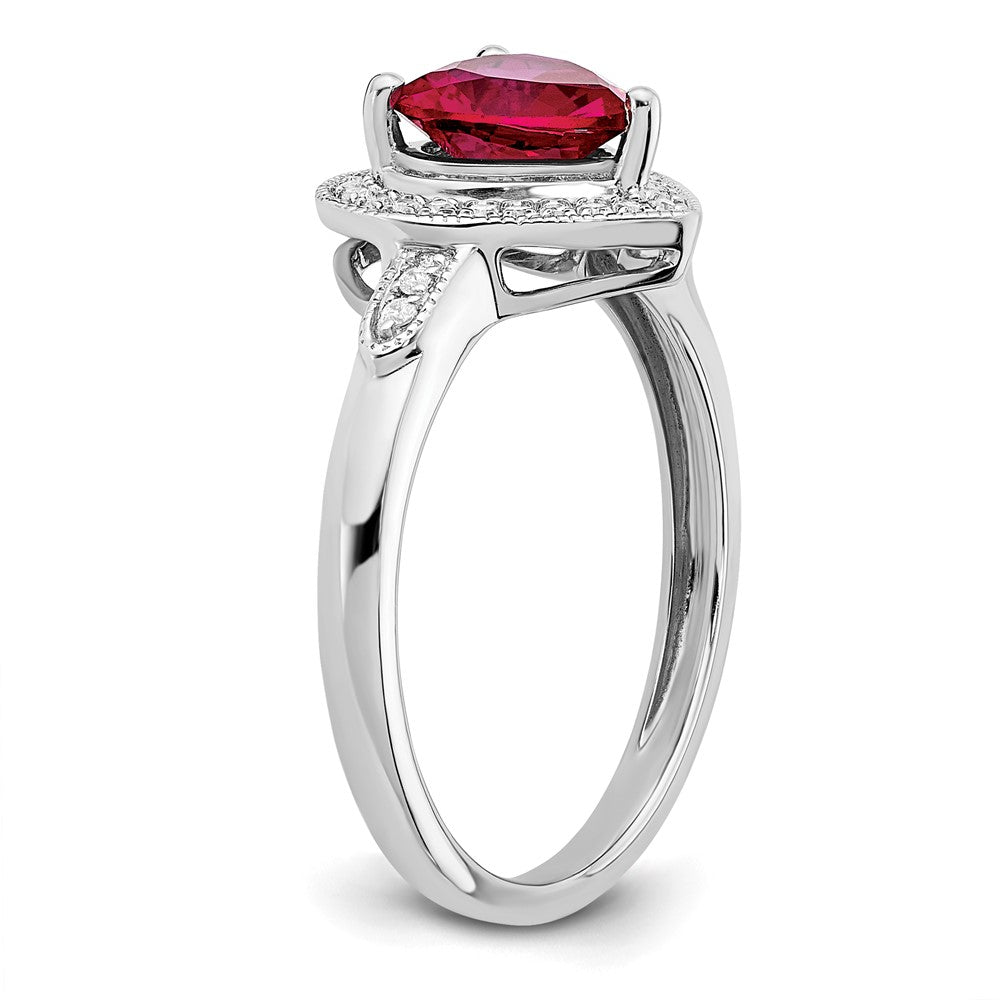 14k White Gold Heart Created Ruby and Real Diamond Halo Ring