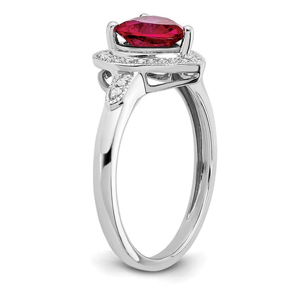 14k White Gold Heart Created Ruby and Real Diamond Halo Ring