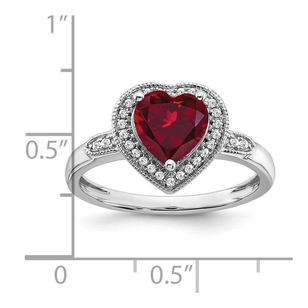 14k White Gold Heart Created Ruby and Real Diamond Halo Ring
