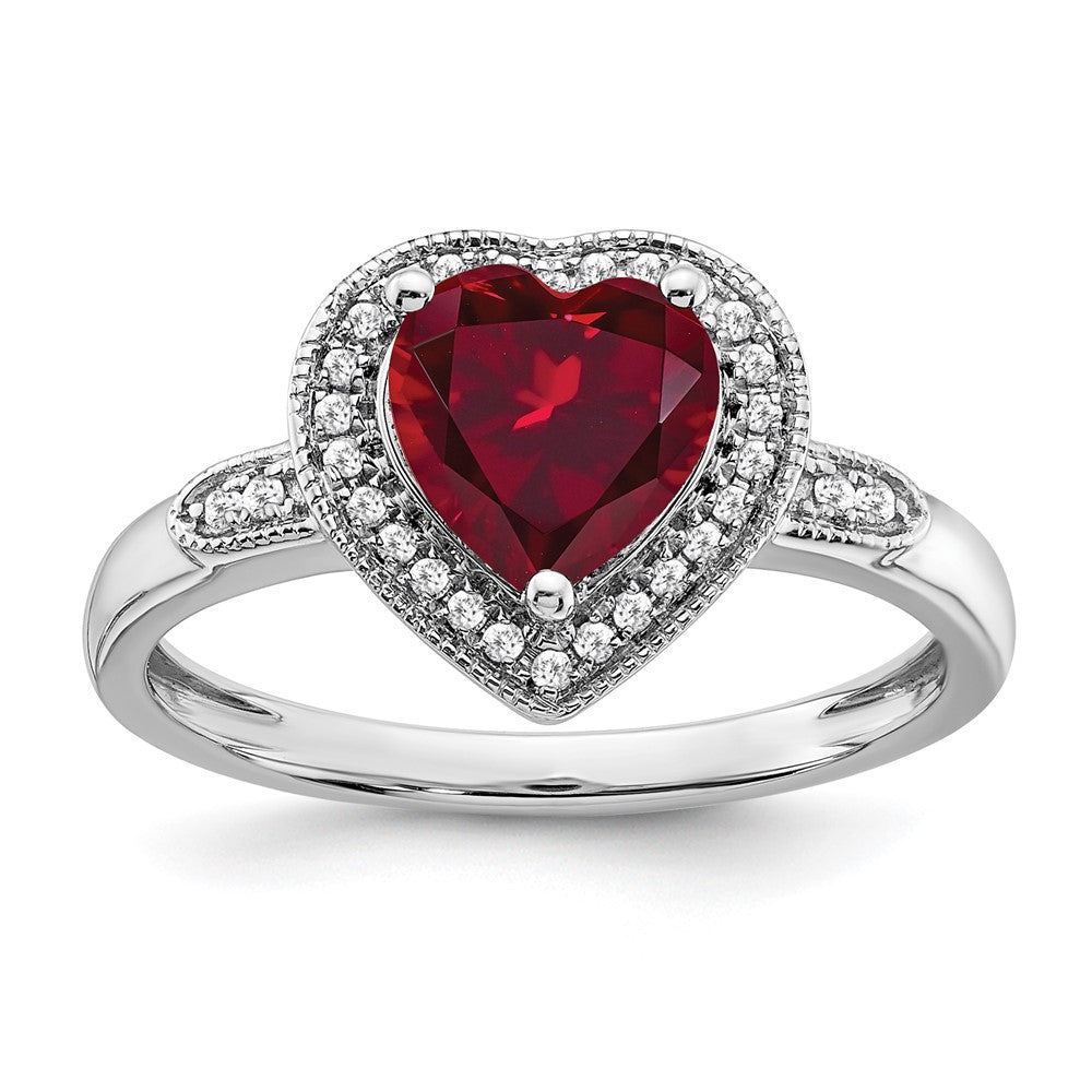 Solid 14k White Gold Heart Created Simulated Ruby and CZ Halo Ring