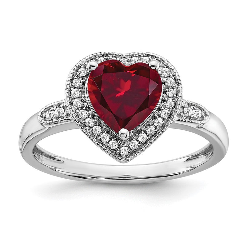 14k White Gold Heart Created Ruby and Real Diamond Halo Ring