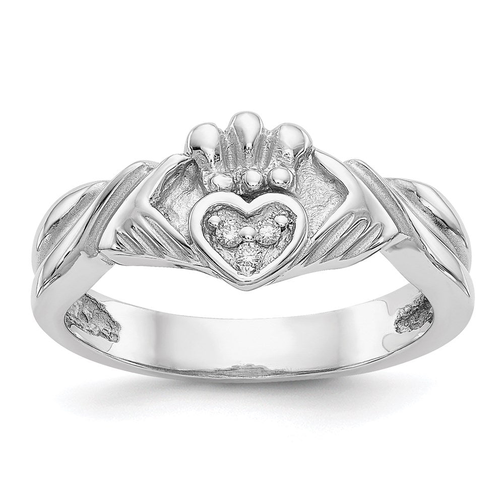 14K White Gold 1/20ct AA Real Diamond Claddagh Ring