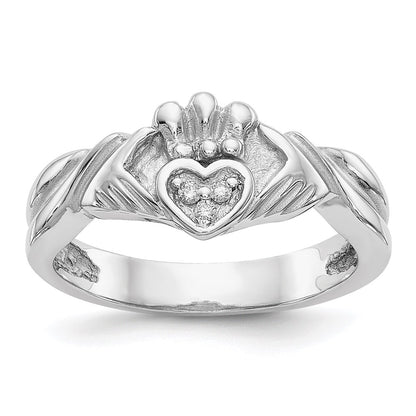 14K White Gold 1/20ct AA Real Diamond Claddagh Ring