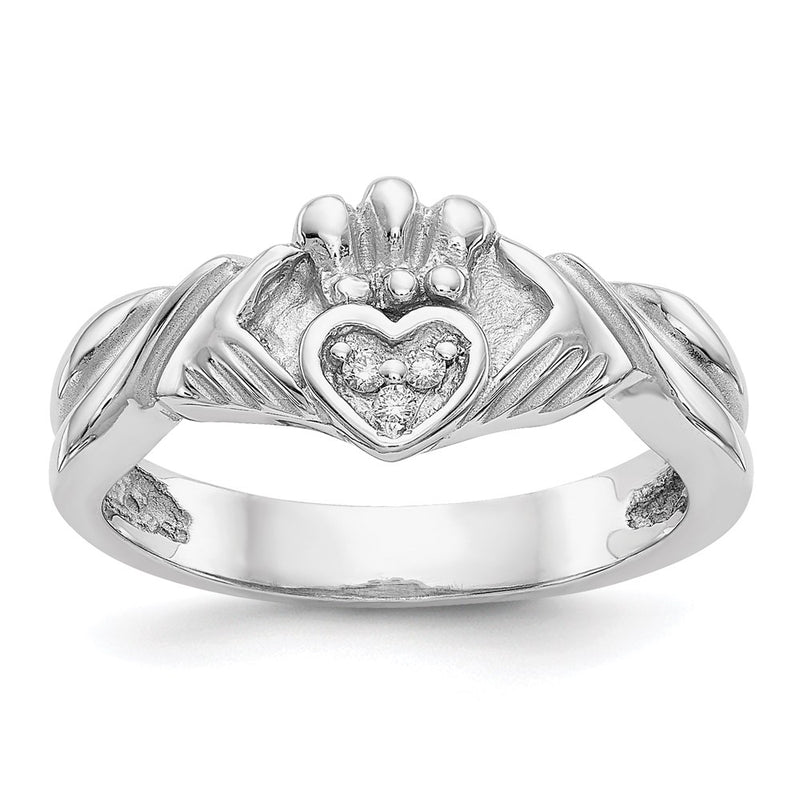 14K White Gold 1/20ct AA Real Diamond Claddagh Ring