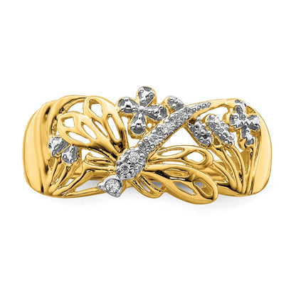 14K Yellow Gold Rhodium Real Diamond Dragonfly Ring