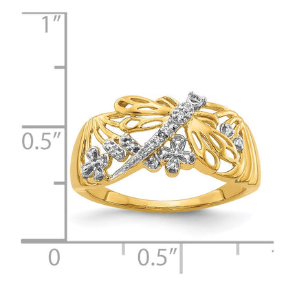 14K Yellow Gold Rhodium Real Diamond Dragonfly Ring