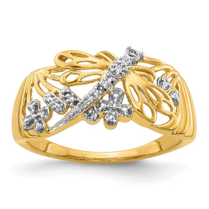14K Yellow Gold Rhodium Real Diamond Dragonfly Ring