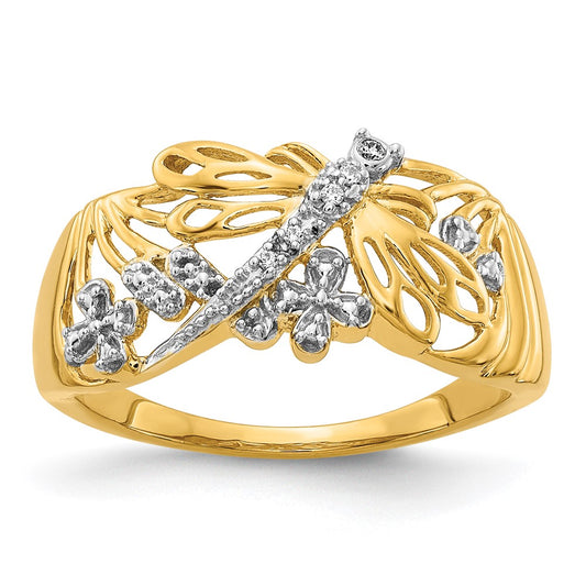 14K Yellow Gold Rhodium Real Diamond Dragonfly Ring