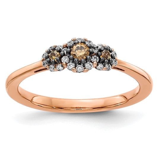 14k Rose Gold 3-stone White/Champagne Real Diamond Ring
