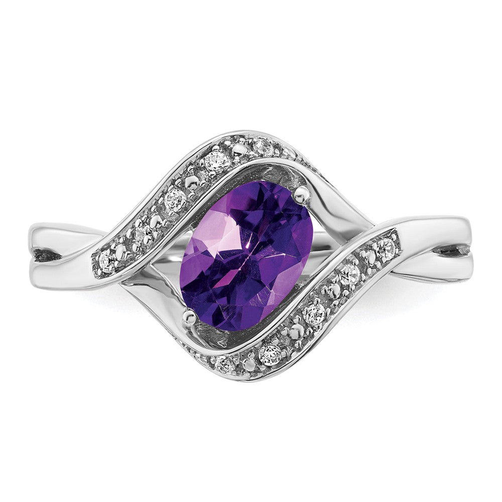 Solid 14k White Gold Oval Simulated Amethyst and CZ Ring