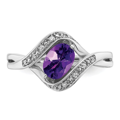 Solid 14k White Gold Oval Simulated Amethyst and CZ Ring