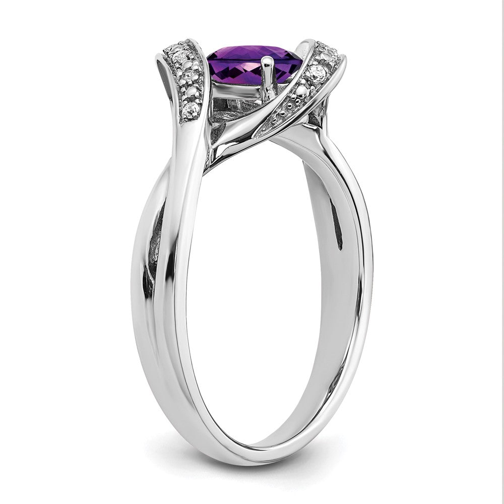 Solid 14k White Gold Oval Simulated Amethyst and CZ Ring