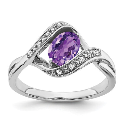 Solid 14k White Gold Oval Simulated Amethyst and CZ Ring