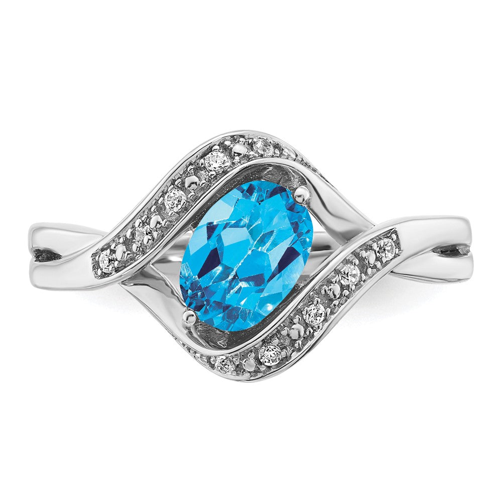14k White Gold Oval Blue Topaz and Real Diamond Ring