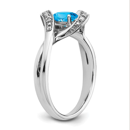14k White Gold Oval Blue Topaz and Real Diamond Ring