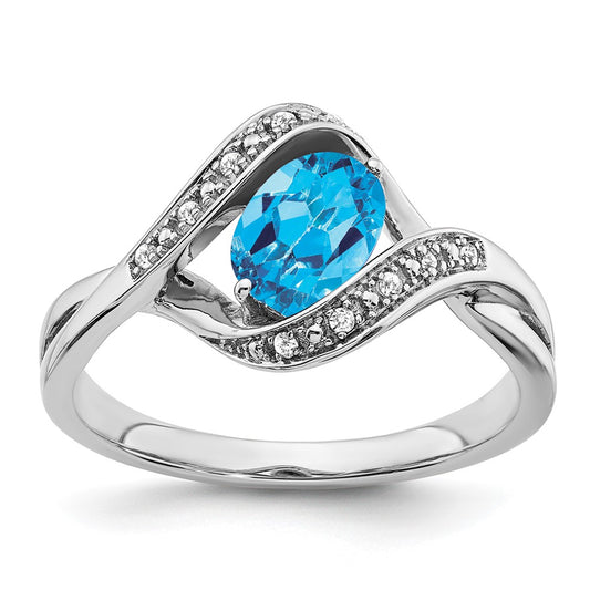 Solid 14k White Gold Oval Simulated Blue Topaz and CZ Ring