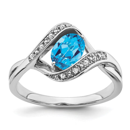14k White Gold Oval Blue Topaz and Real Diamond Ring