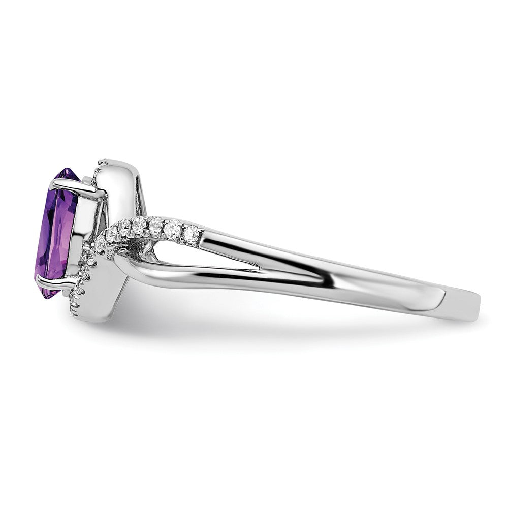 Solid 14k White Gold Oval Simulated Amethyst and CZ Twist Ring
