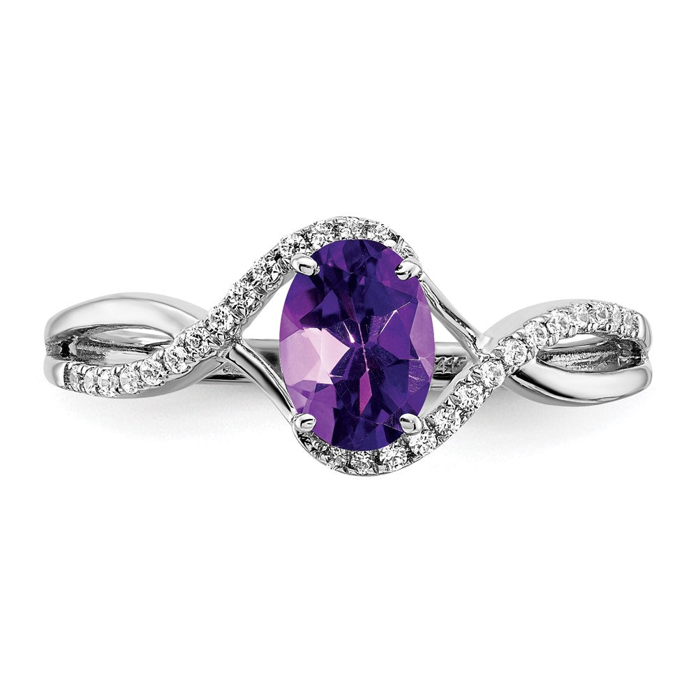Solid 14k White Gold Oval Simulated Amethyst and CZ Twist Ring